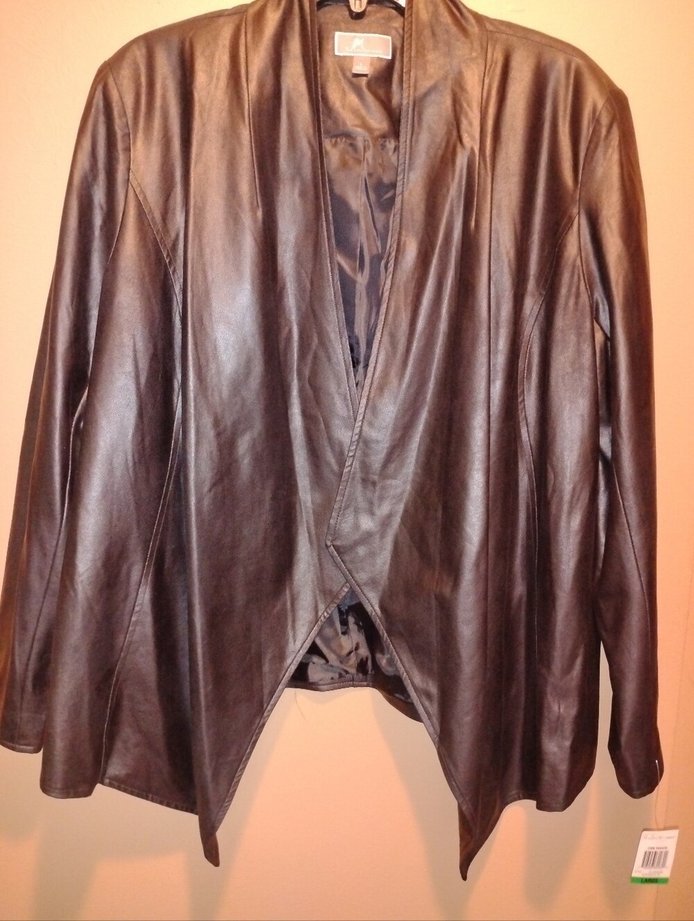 NWT! Macy's Brand Black Leather-look Open-Front Jacket With Shawl Collar.